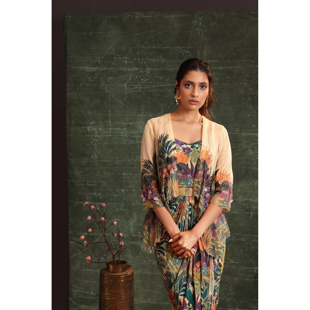 Soup by Sougat Paul Multi-Colour Kaira Embellished Drape Dress with Jacket (Set of 2)