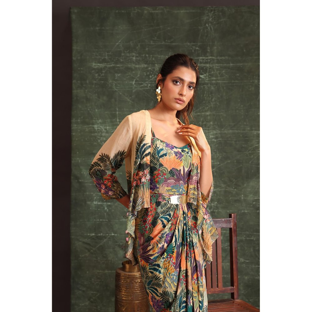 Soup by Sougat Paul Multi-Colour Kaira Embellished Drape Dress with Jacket (Set of 2)
