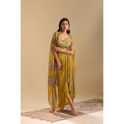 Soup by Sougat Paul Yellow Eraya Embellished Top with Skirt and Cape (Set of 3)