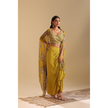 Soup by Sougat Paul Yellow Eraya Embellished Top with Skirt and Cape (Set of 3)