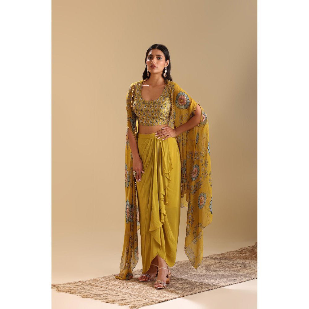 Soup by Sougat Paul Yellow Eraya Embellished Top with Skirt and Cape (Set of 3)