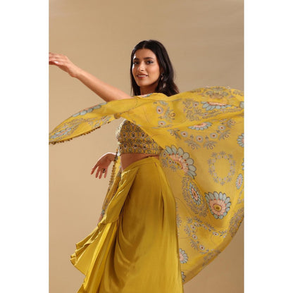 Soup by Sougat Paul Yellow Eraya Embellished Top with Skirt and Cape (Set of 3)