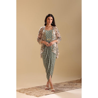 Soup by Sougat Paul Green Eraya Embellished Drape Dress with Jacket (Set of 2)