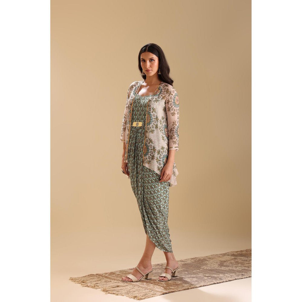 Soup by Sougat Paul Green Eraya Embellished Drape Dress with Jacket (Set of 2)