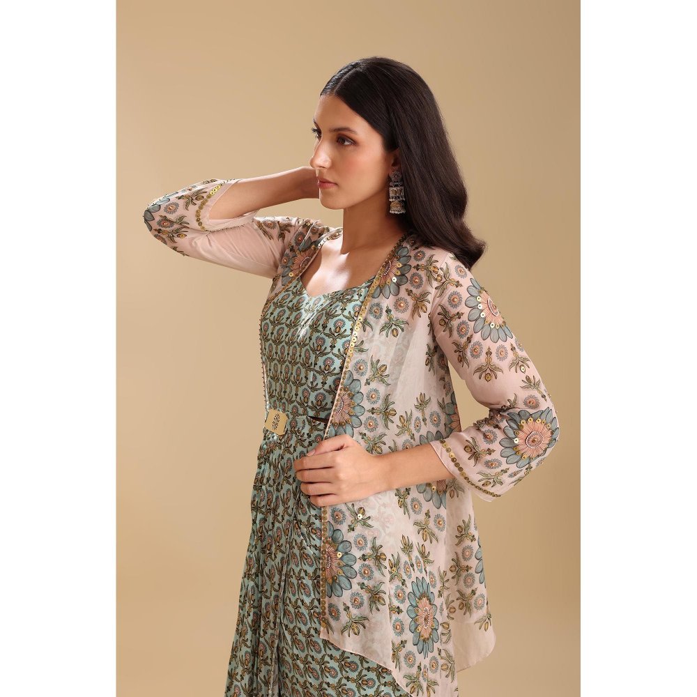 Soup by Sougat Paul Green Eraya Embellished Drape Dress with Jacket (Set of 2)