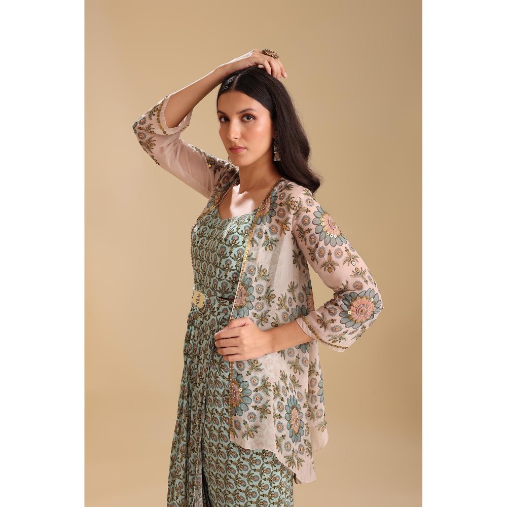 Soup by Sougat Paul Green Eraya Embellished Drape Dress with Jacket (Set of 2)