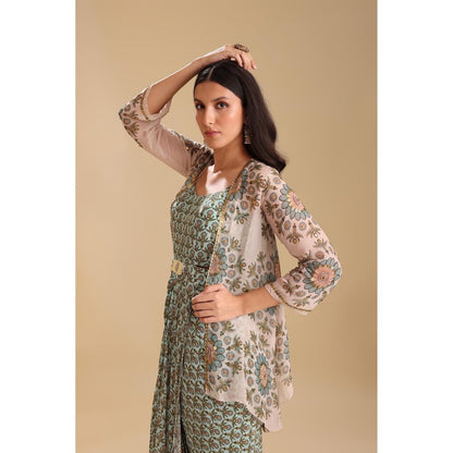 Soup by Sougat Paul Green Eraya Embellished Drape Dress with Jacket (Set of 2)