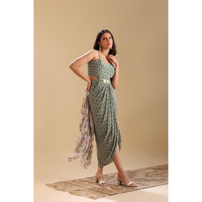 Soup by Sougat Paul Green Eraya Embellished Drape Dress with Jacket (Set of 2)