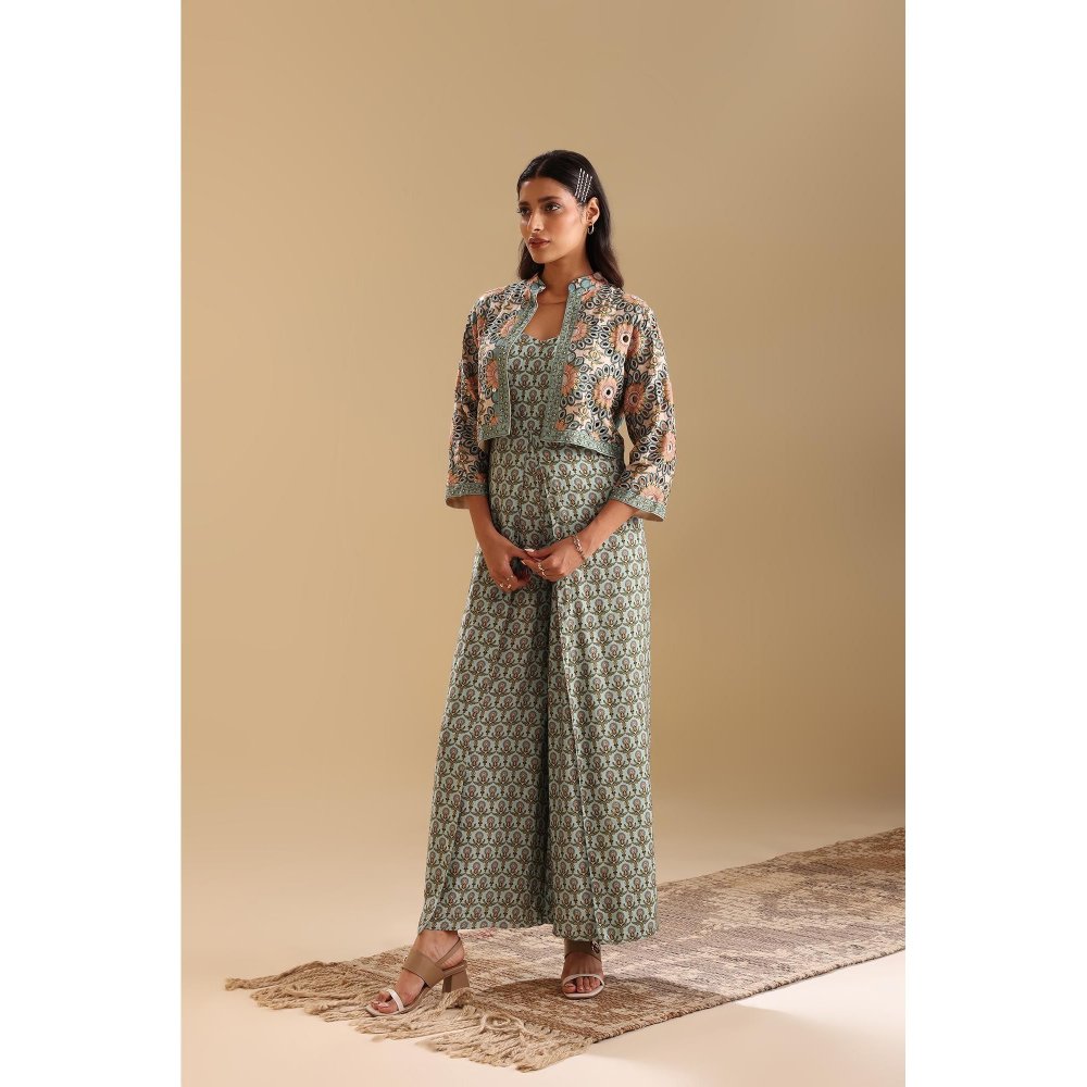 Soup by Sougat Paul Green Eraya Embellished Jumpsuit with Jacket (Set of 2)
