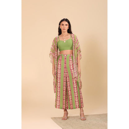 Soup by Sougat Paul Green Naqsh Embellished Palazzo with Cape and Crop Top (Set of 3)
