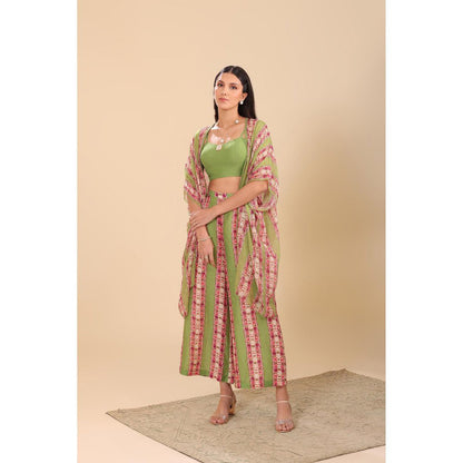 Soup by Sougat Paul Green Naqsh Embellished Palazzo with Cape and Crop Top (Set of 3)