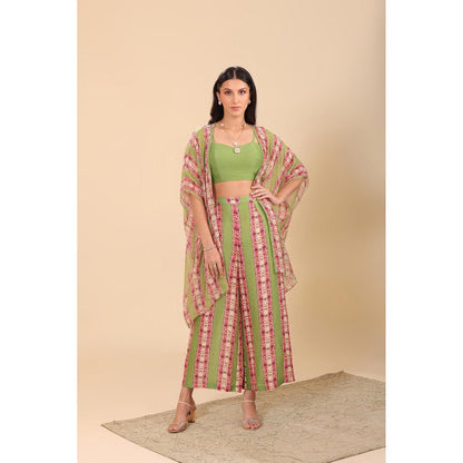 Soup by Sougat Paul Green Naqsh Embellished Palazzo with Cape and Crop Top (Set of 3)