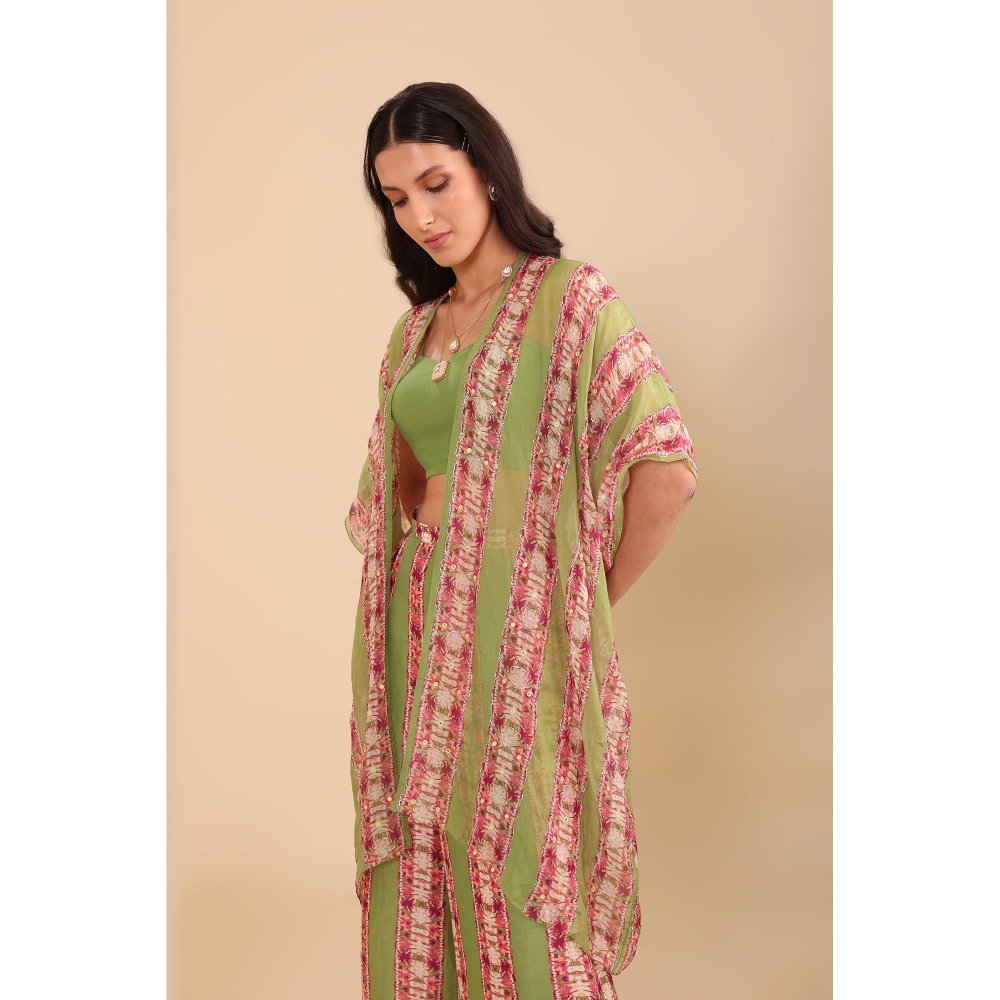 Soup by Sougat Paul Green Naqsh Embellished Palazzo with Cape and Crop Top (Set of 3)