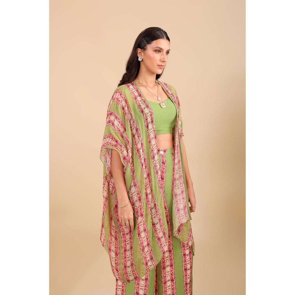 Soup by Sougat Paul Green Naqsh Embellished Palazzo with Cape and Crop Top (Set of 3)