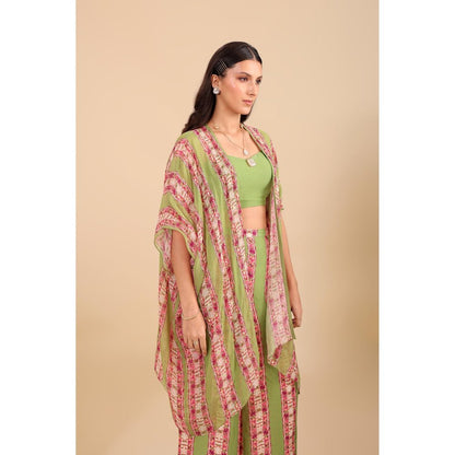 Soup by Sougat Paul Green Naqsh Embellished Palazzo with Cape and Crop Top (Set of 3)