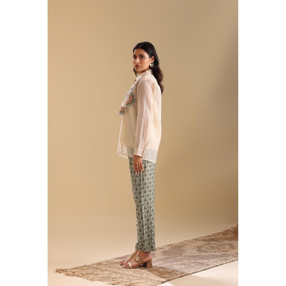 Soup by Sougat Paul Off White Earaya Applique Shirt with Pant (Set of 2)