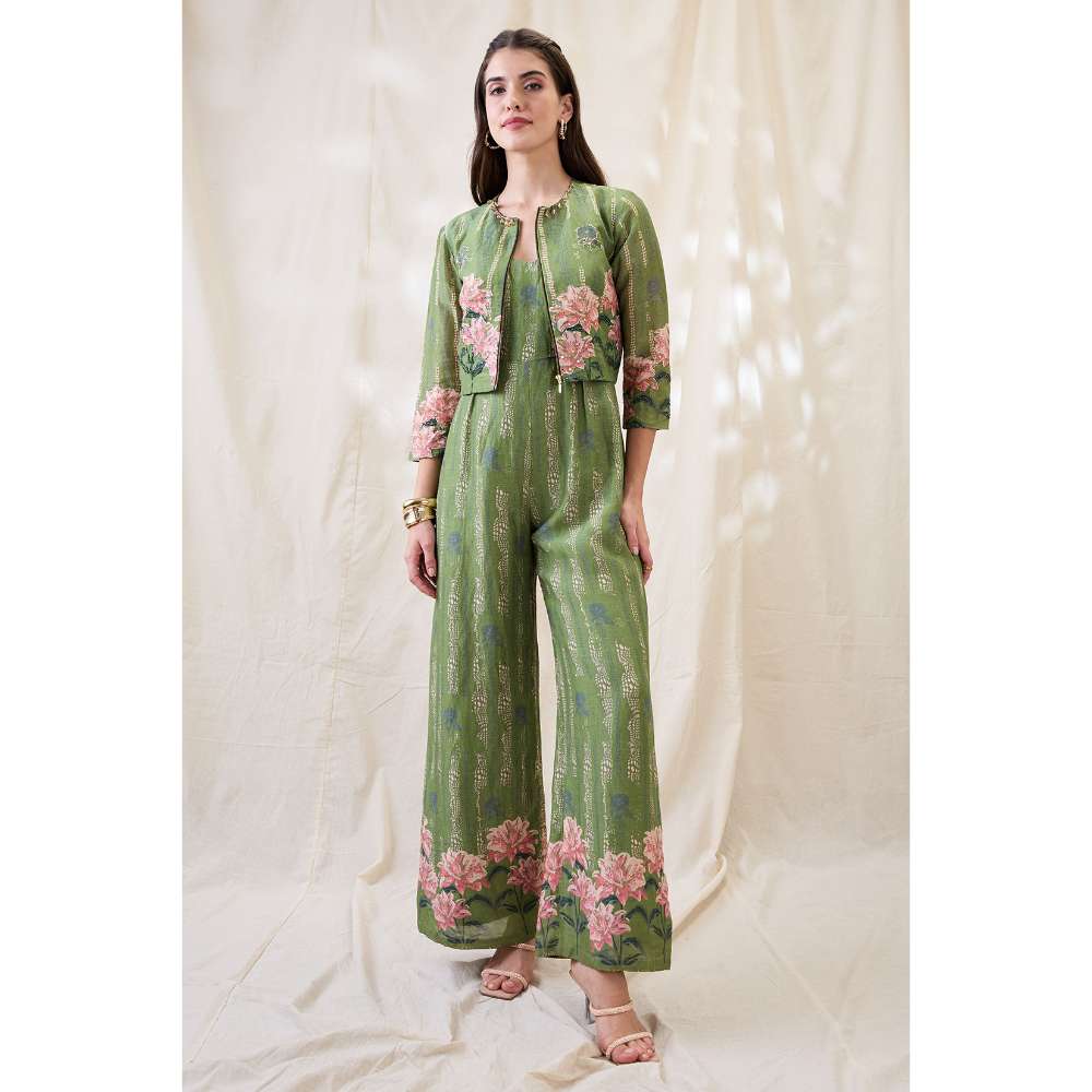 Soup by Sougat Paul Green Ravya Floral Print Jumpsuit and Jacket (Set of 2)