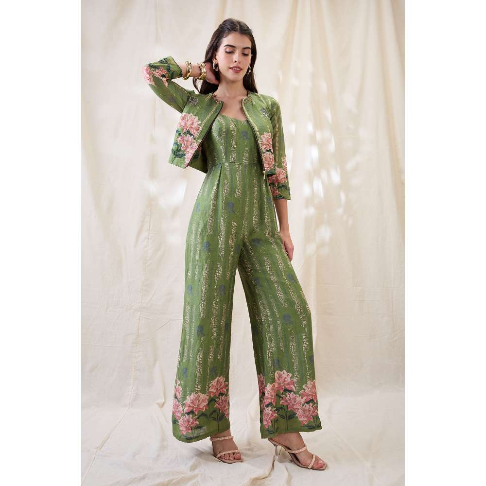 Soup by Sougat Paul Green Ravya Floral Print Jumpsuit and Jacket (Set of 2)