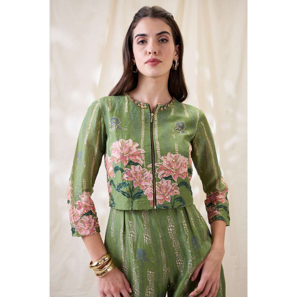 Soup by Sougat Paul Green Ravya Floral Print Jumpsuit and Jacket (Set of 2)