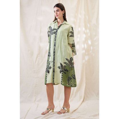 Soup by Sougat Paul Green Noorani Printed Embellished Dress with Slip (Set of 2)