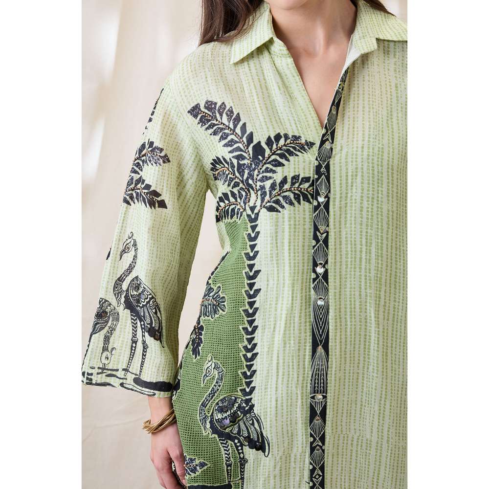 Soup by Sougat Paul Green Noorani Printed Embellished Dress with Slip (Set of 2)