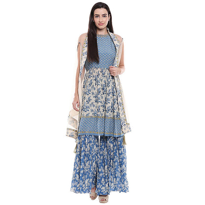 Soup by Sougat Paul Applique Blue Top with Sharara and Jacket