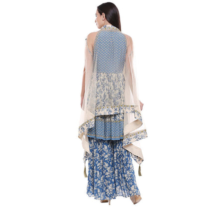 Soup by Sougat Paul Applique Blue Top with Sharara and Jacket