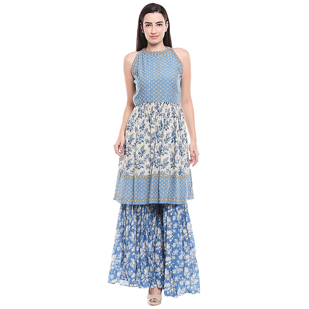 Soup by Sougat Paul Applique Blue Top with Sharara and Jacket