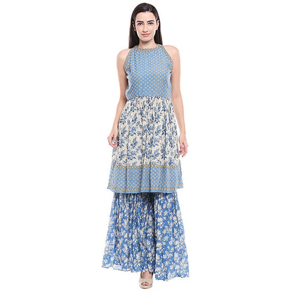 Soup by Sougat Paul Applique Blue Top with Sharara and Jacket