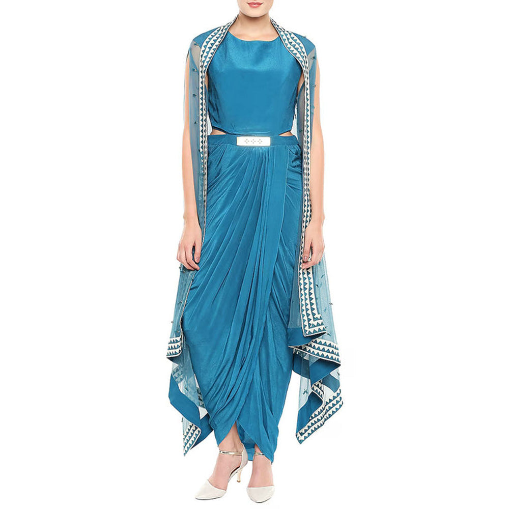 Soup by Sougat Paul Blue Draped Dress with Belt and Cape