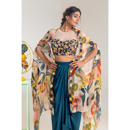 Soup by Sougat Paul Blue Crop Top Skirt with Cape