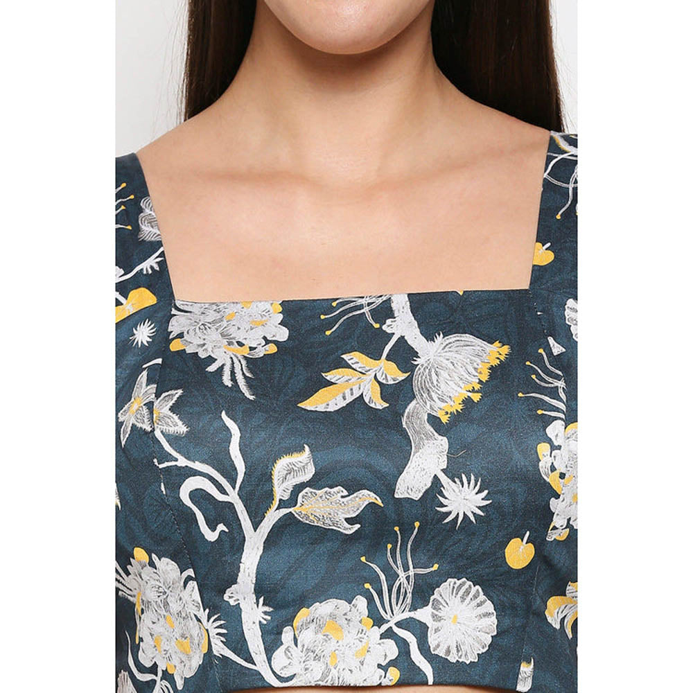 Soup by Sougat Paul Teal Square Neck Floral Sleeveless Top with Skirt