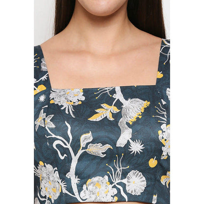 Soup by Sougat Paul Teal Square Neck Floral Sleeveless Top with Skirt