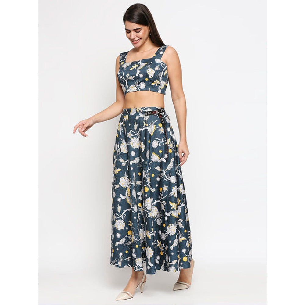 Soup by Sougat Paul Teal Square Neck Floral Sleeveless Top with Skirt
