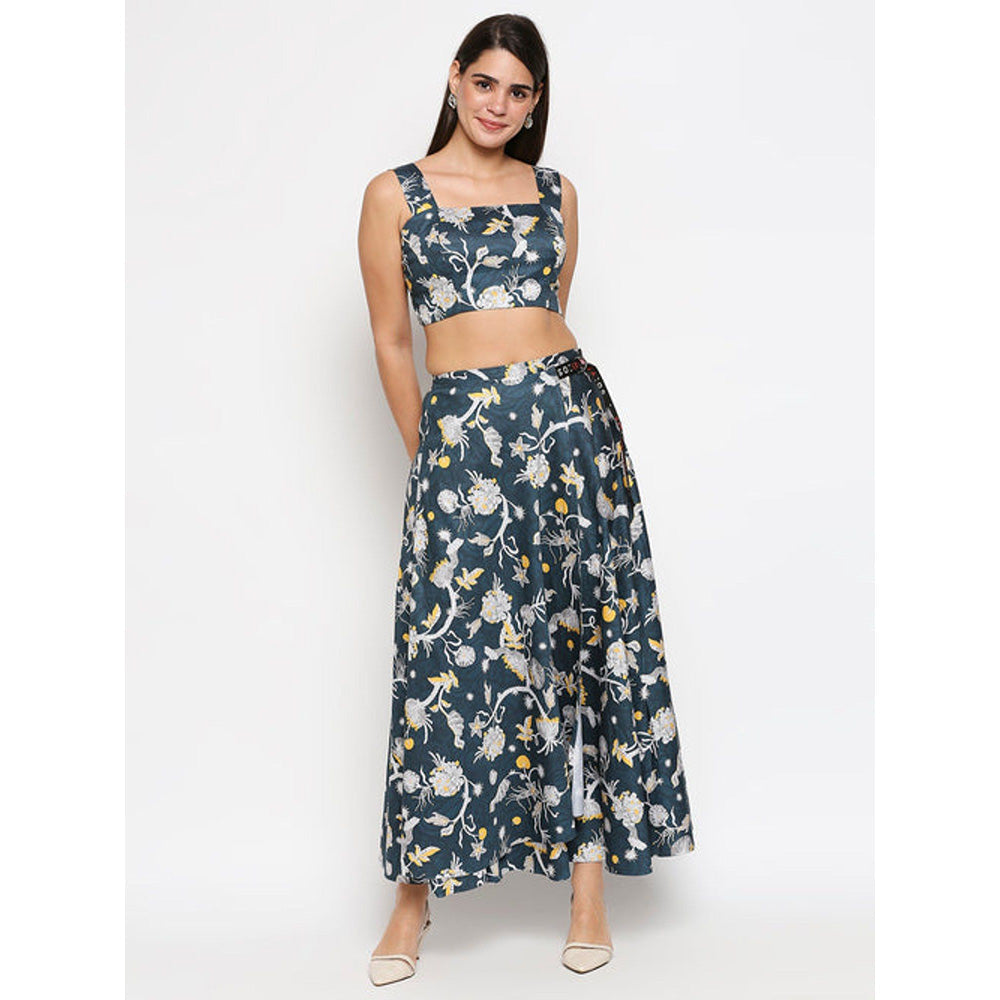 Soup by Sougat Paul Teal Square Neck Floral Sleeveless Top with Skirt