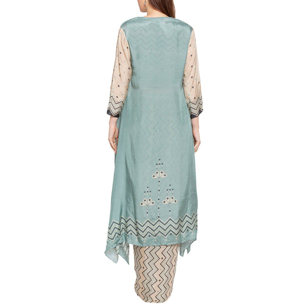 Soup by Sougat Paul Blue Round Neck Printed Three Fourth Sleeves Top with Skirt and Jacket