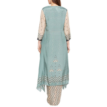 Soup by Sougat Paul Blue Round Neck Printed Three Fourth Sleeves Top with Skirt and Jacket