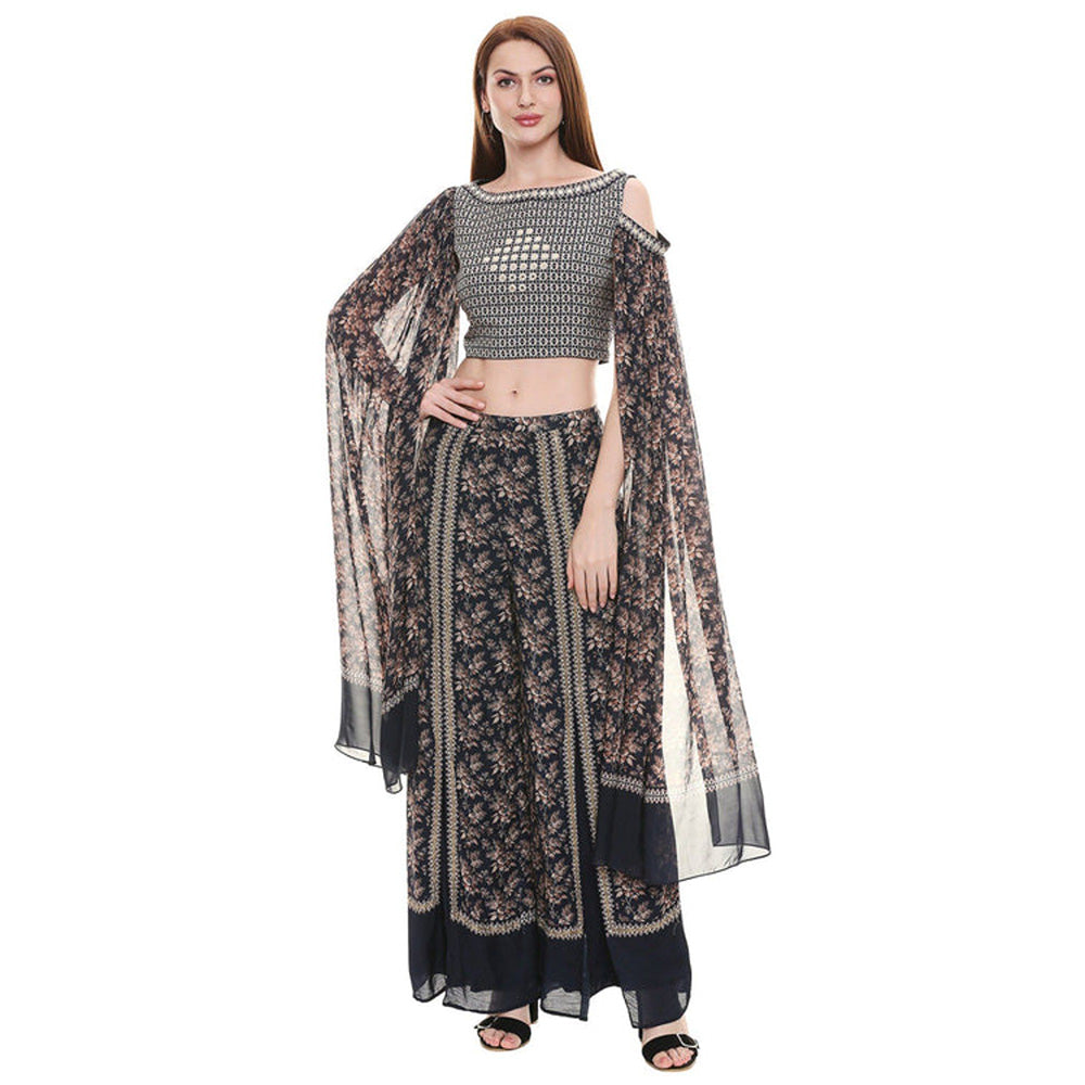 Soup by Sougat Paul Black Boat Neck Floral Cape Top with Palazzo