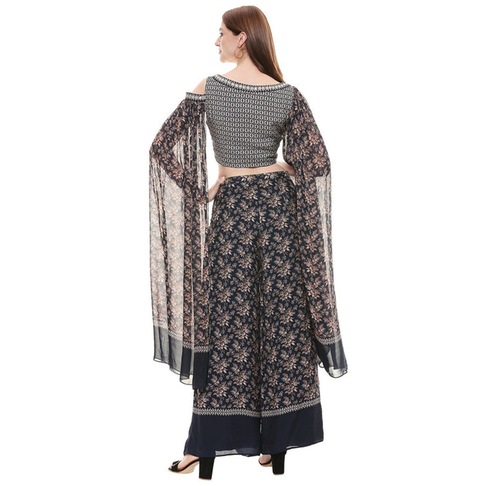 Soup by Sougat Paul Black Boat Neck Floral Cape Top with Palazzo