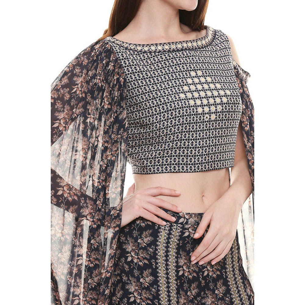 Soup by Sougat Paul Black Boat Neck Floral Cape Top with Palazzo