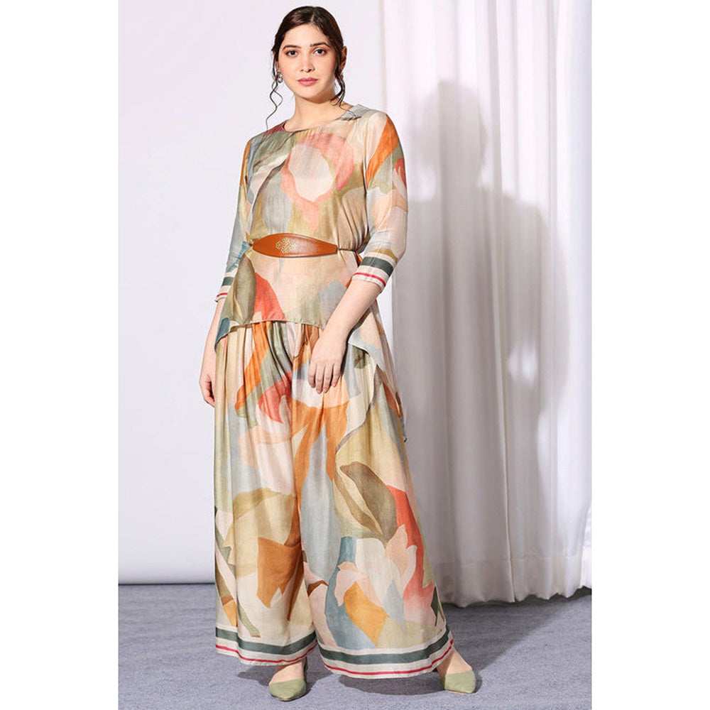 Soup by Sougat Paul Multi-Color Round Neck Printed Three Fourth Sleeves Top with Palazzo