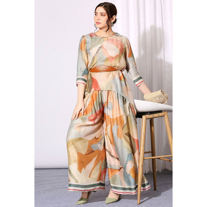 Soup by Sougat Paul Multi-Color Round Neck Printed Three Fourth Sleeves Top with Palazzo
