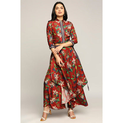 Soup by Sougat Paul Red Floral Mandarin Neck Three Fourth Sleeves Top with Palazzo