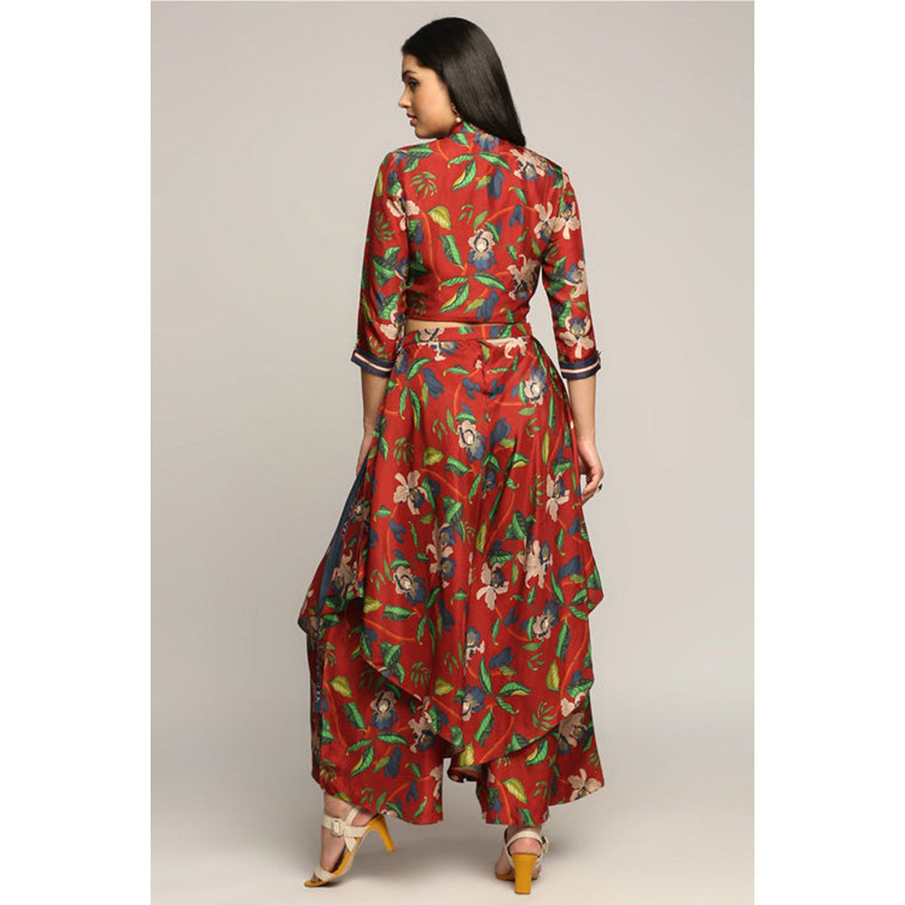 Soup by Sougat Paul Red Floral Mandarin Neck Three Fourth Sleeves Top with Palazzo