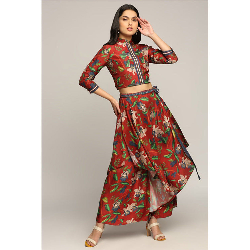 Soup by Sougat Paul Red Floral Mandarin Neck Three Fourth Sleeves Top with Palazzo