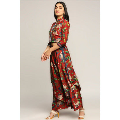Soup by Sougat Paul Red Floral Mandarin Neck Three Fourth Sleeves Top with Palazzo