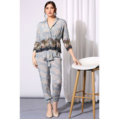 Soup by Sougat Paul Blue V-Neck Printed Three Fourth Sleeves Top with Pant Co-Ord