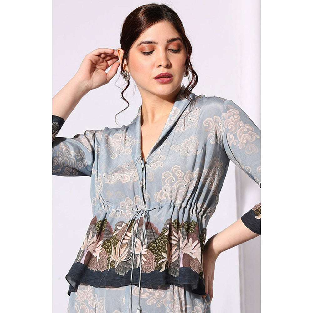 Soup by Sougat Paul Blue V-Neck Printed Three Fourth Sleeves Top with Pant Co-Ord