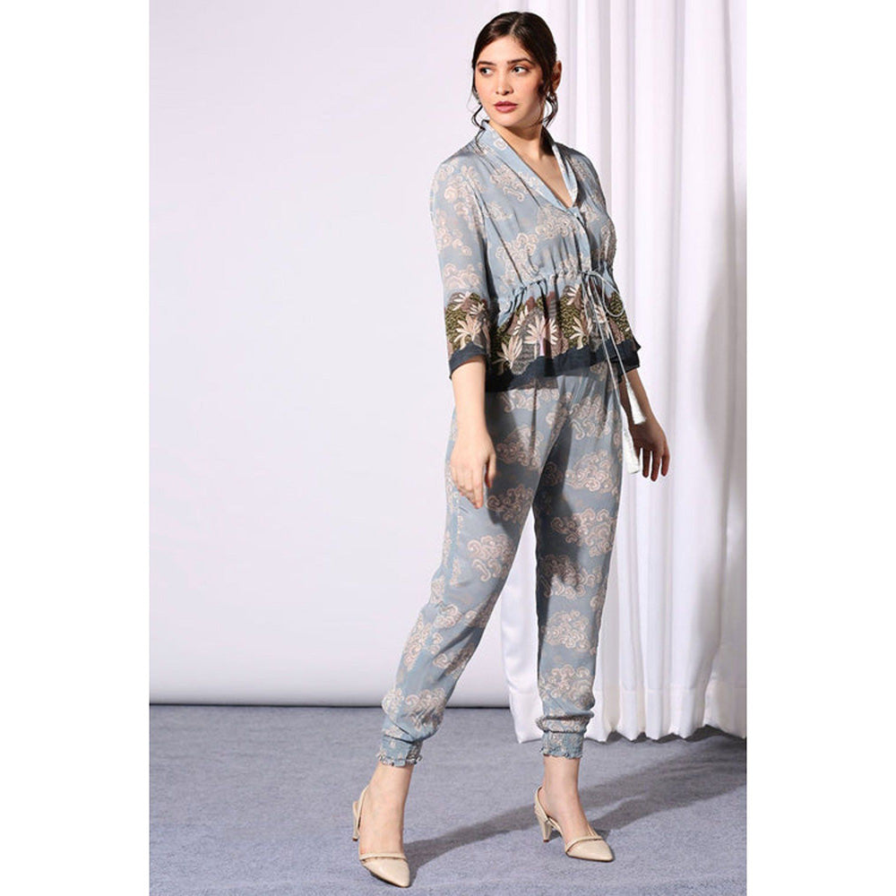 Soup by Sougat Paul Blue V-Neck Printed Three Fourth Sleeves Top with Pant Co-Ord