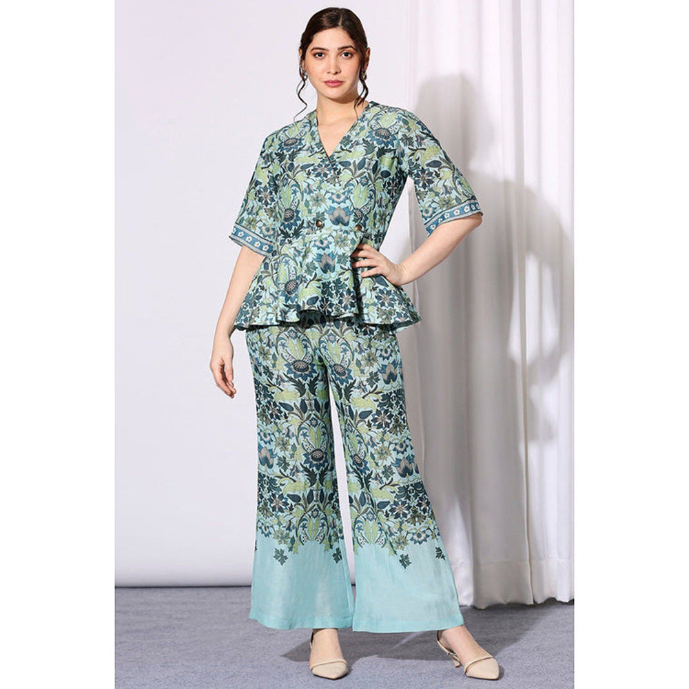 Soup by Sougat Paul Aqua V-Neck Floral Half Sleeves Top with Palazzo